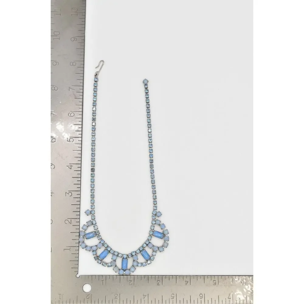 Vintage Crystal Collar Necklace Cabochon Blue Prong Rhinestone Silver 60s Bin3D
